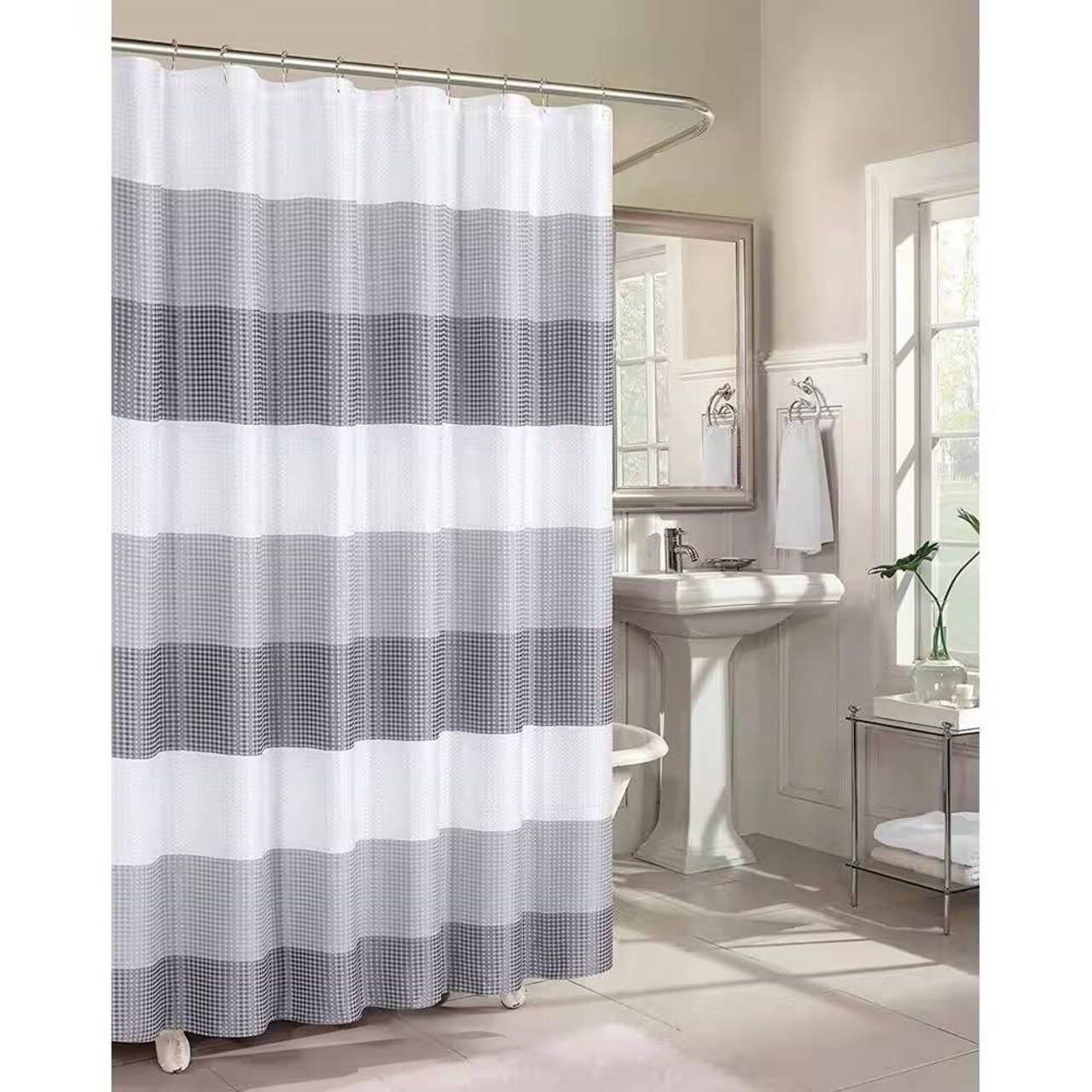 White-Grey Polyester Striped Waffle Weave Shower Curtain Luxurious Textured